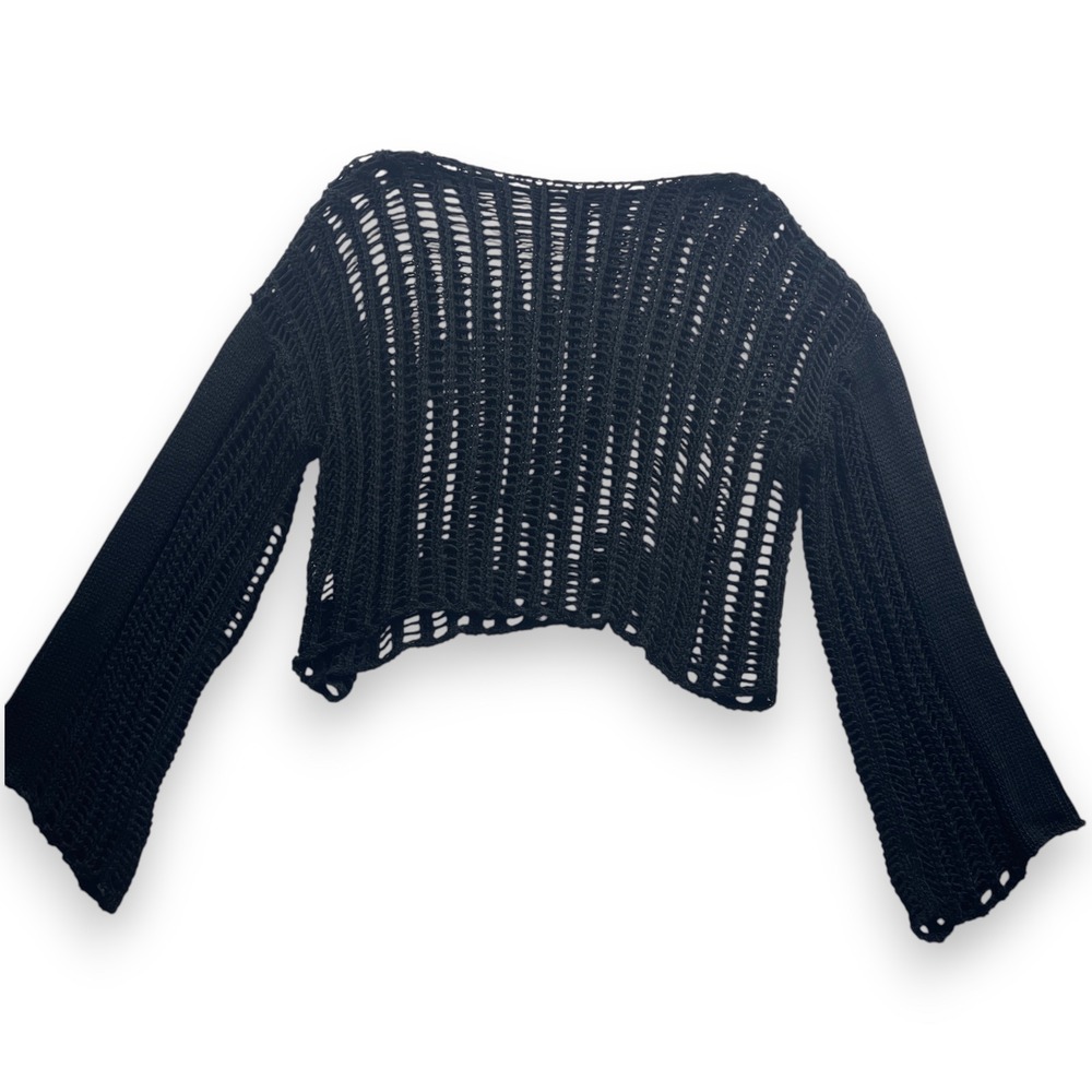 Womens Black Open Knit Cropped Sweater Long Sleeve Boat Neck Size M Boho Grunge